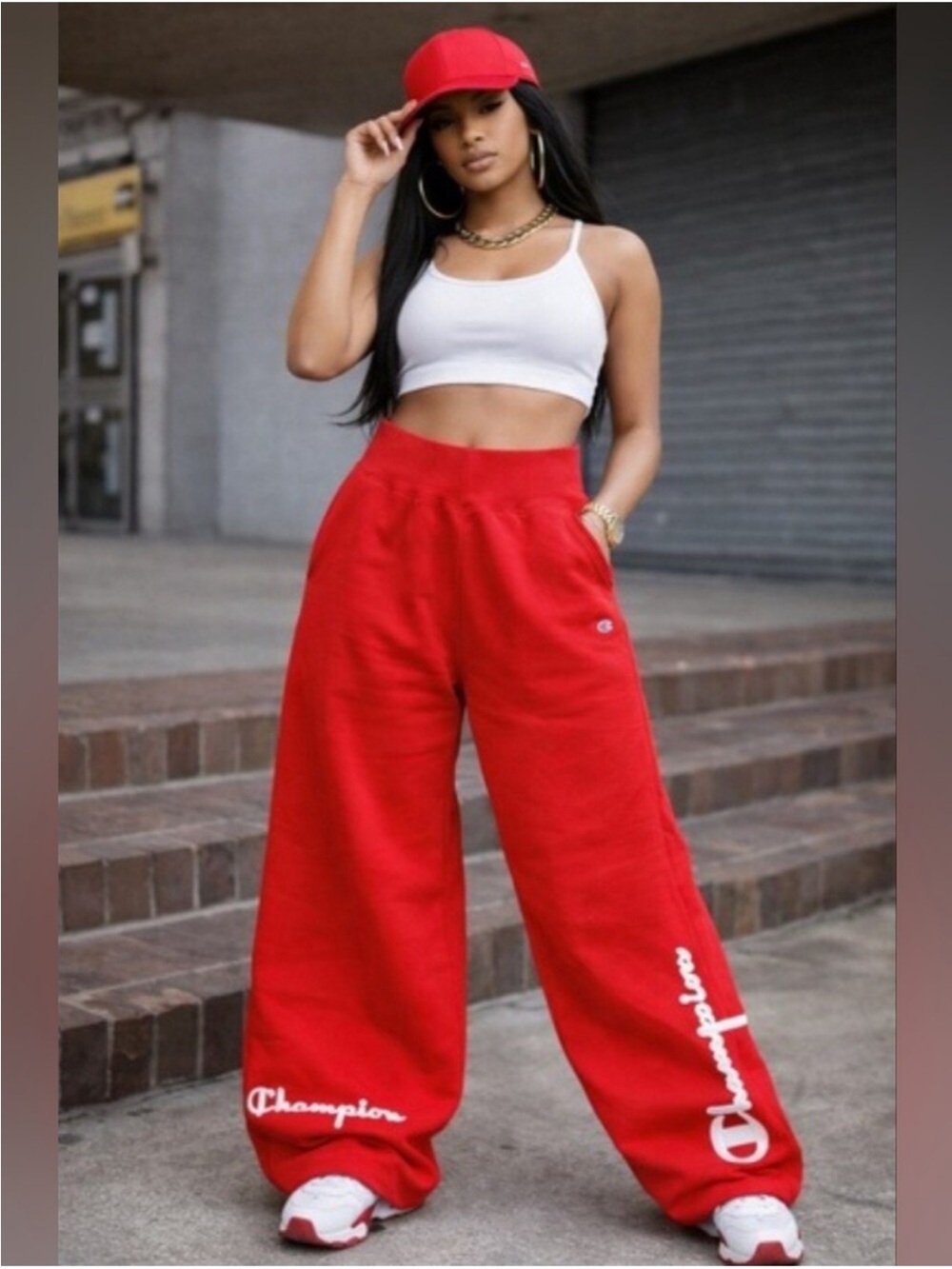 Champion Reverse Weave Red Wide Leg Sweatpants Womens Medium Puddle Pants Logo